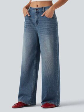 Halara Flex™ Mid Rise Washed Baggy Wide Leg Casual Jeans with Pockets Large